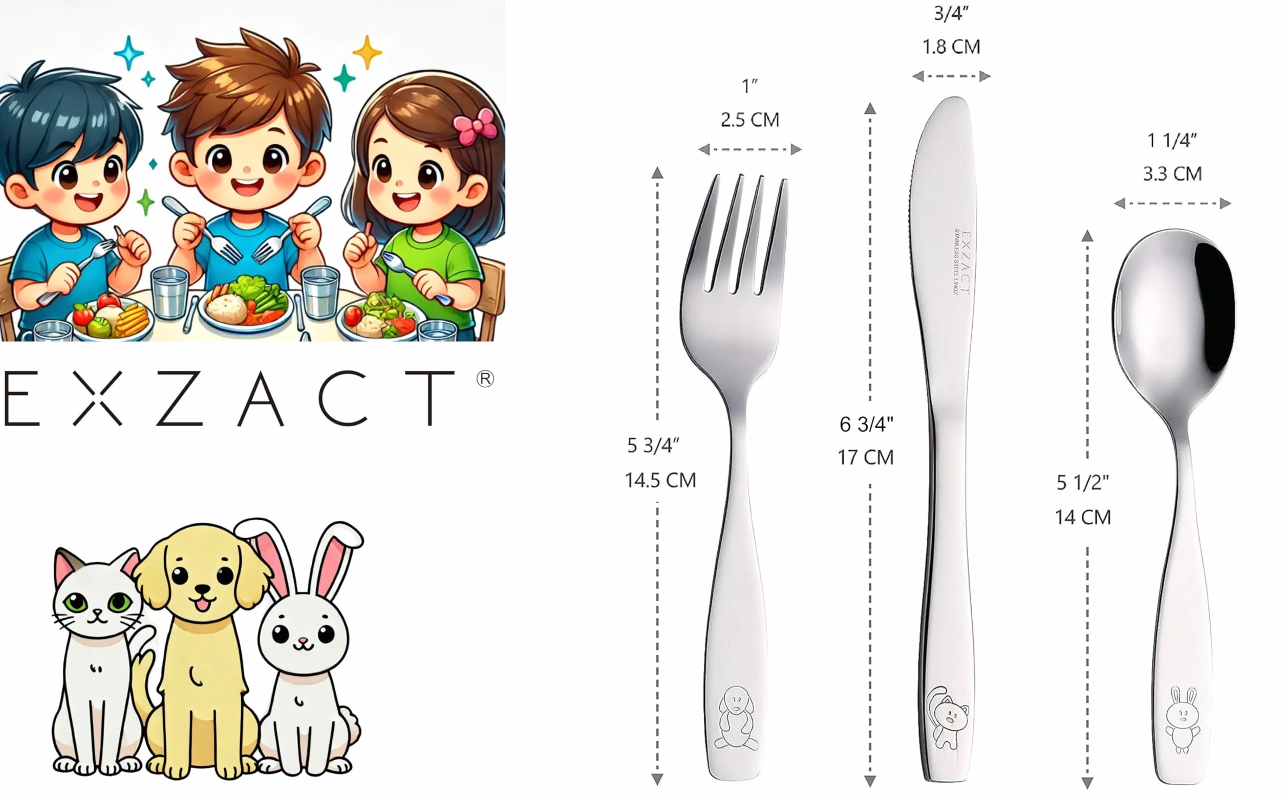 Exzact Posate per Bambini 12 Pezzi in Acciaio Inox - 4 x forchetta, 4 x coltelli, 4 x Cucchiai Cena