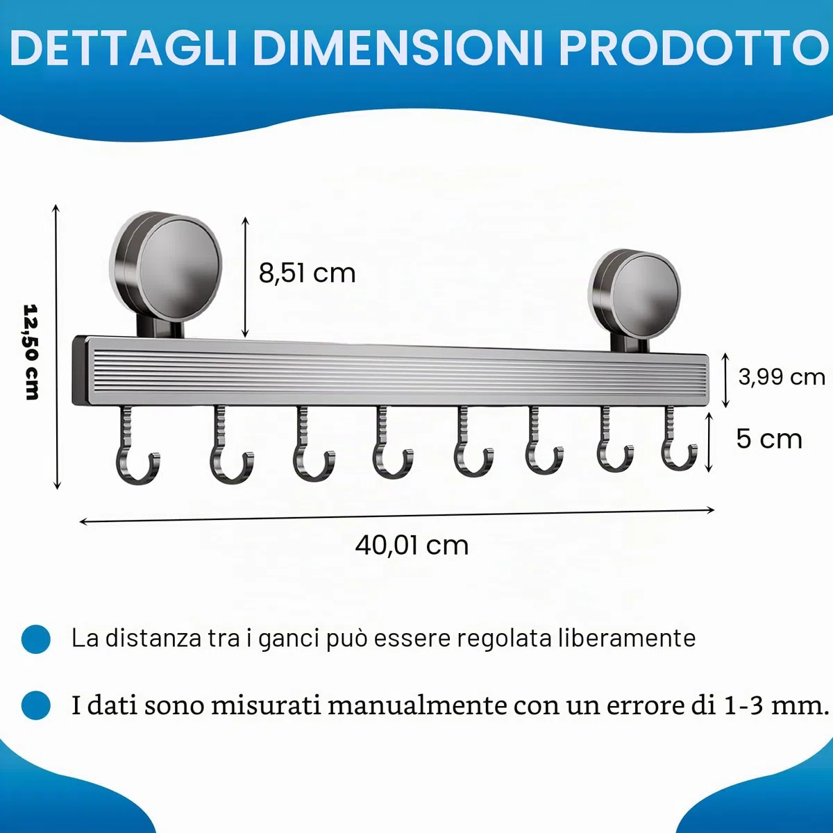 Porta Utensili da Cucina con Ventosa | Lunghezza 40 cm, portata 10 kg, 8 ganci mobili | Barra da cucina per utensili da cucina, camera da letto, bagno