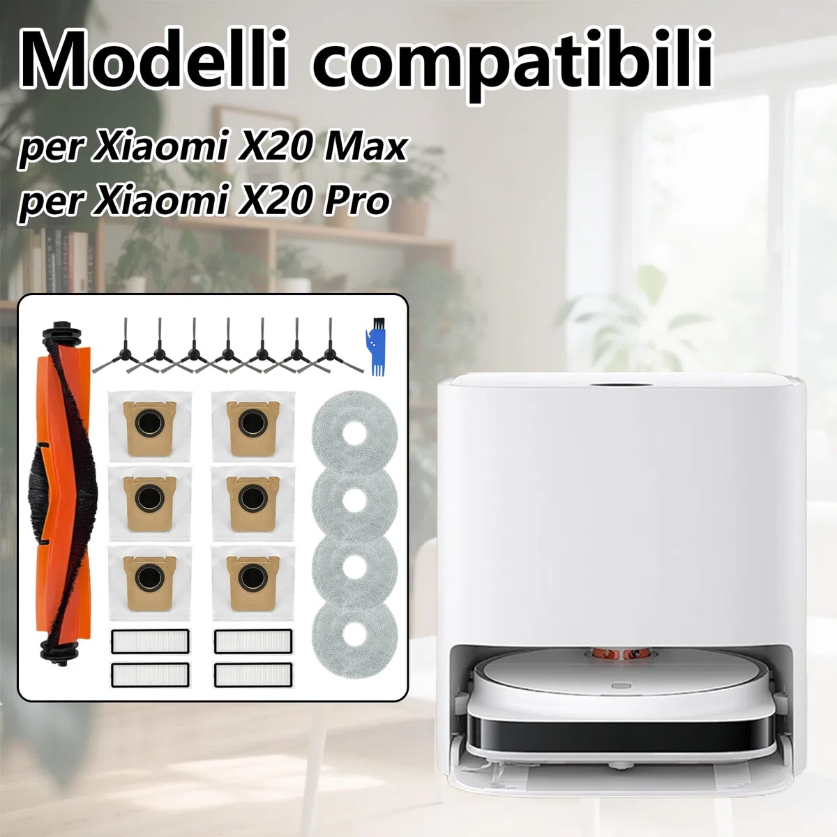 19 Pezzi Accessori per Xiaomi X20 Max/X20 Pro Aspiratore, 1 Spazzola Principale, 4 Filtri, 4 Asciugamani, 6 Sacchi di Polvere, 7 Spazzole Laterali, per Xiaomi X20 Max, X20 Pro Accessori