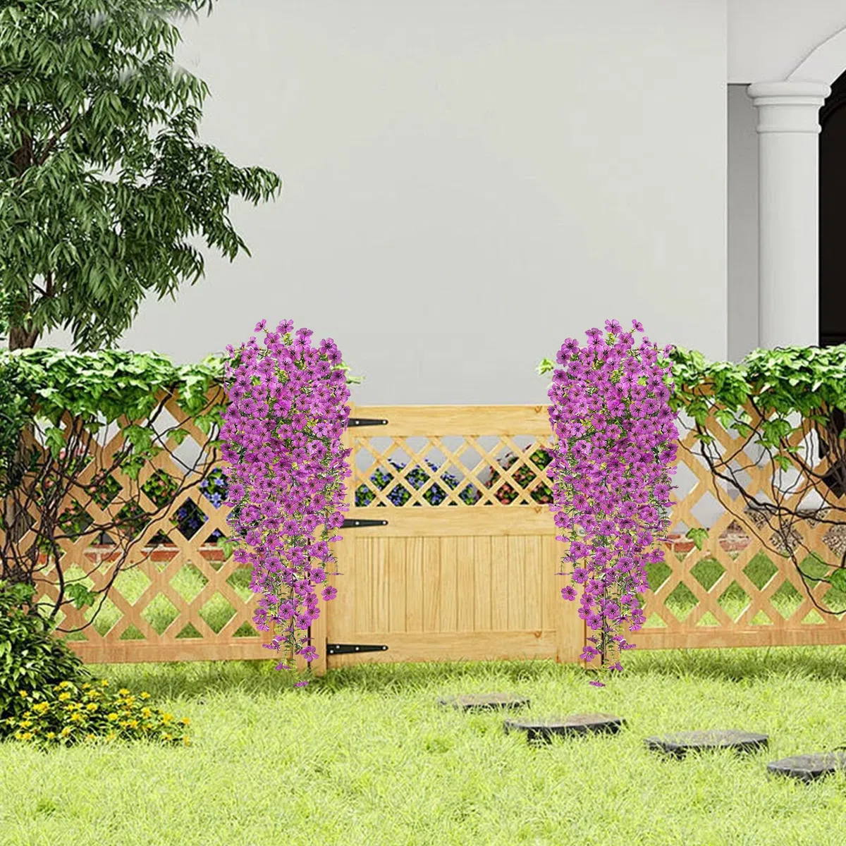 CONNECTION 4 Pezzi Pendenti Fiori Artificiali Cadenti 77cm Pianta Glicine Finta Fiori Finti Da Esterno Artificiali Decorazioni Pianta Cadente per Matrimonio Parete Balcone Giardino (Viola)
