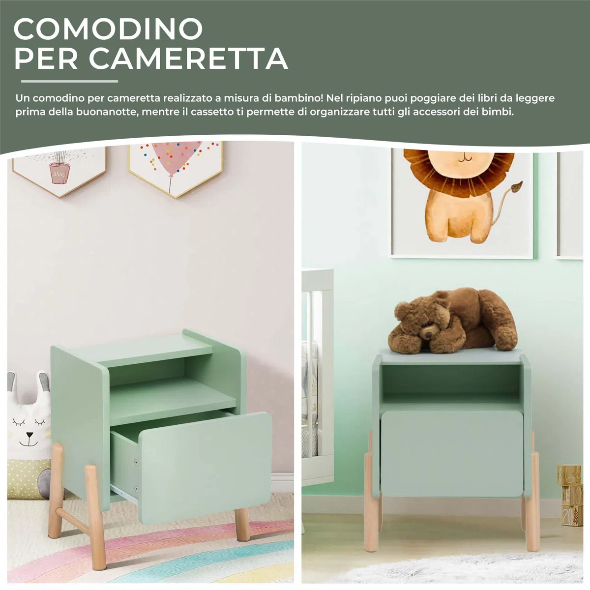 Rebecca Mobili Comodino con 1 Cassetto e 1 Ripiano, Comodino per Cameretta, Verde Acqua Marrone, MDF Pino, Stabile, per Camera Montessori - Misure HxLxP: 49 x 43 x 30 cm - Art. RE7130