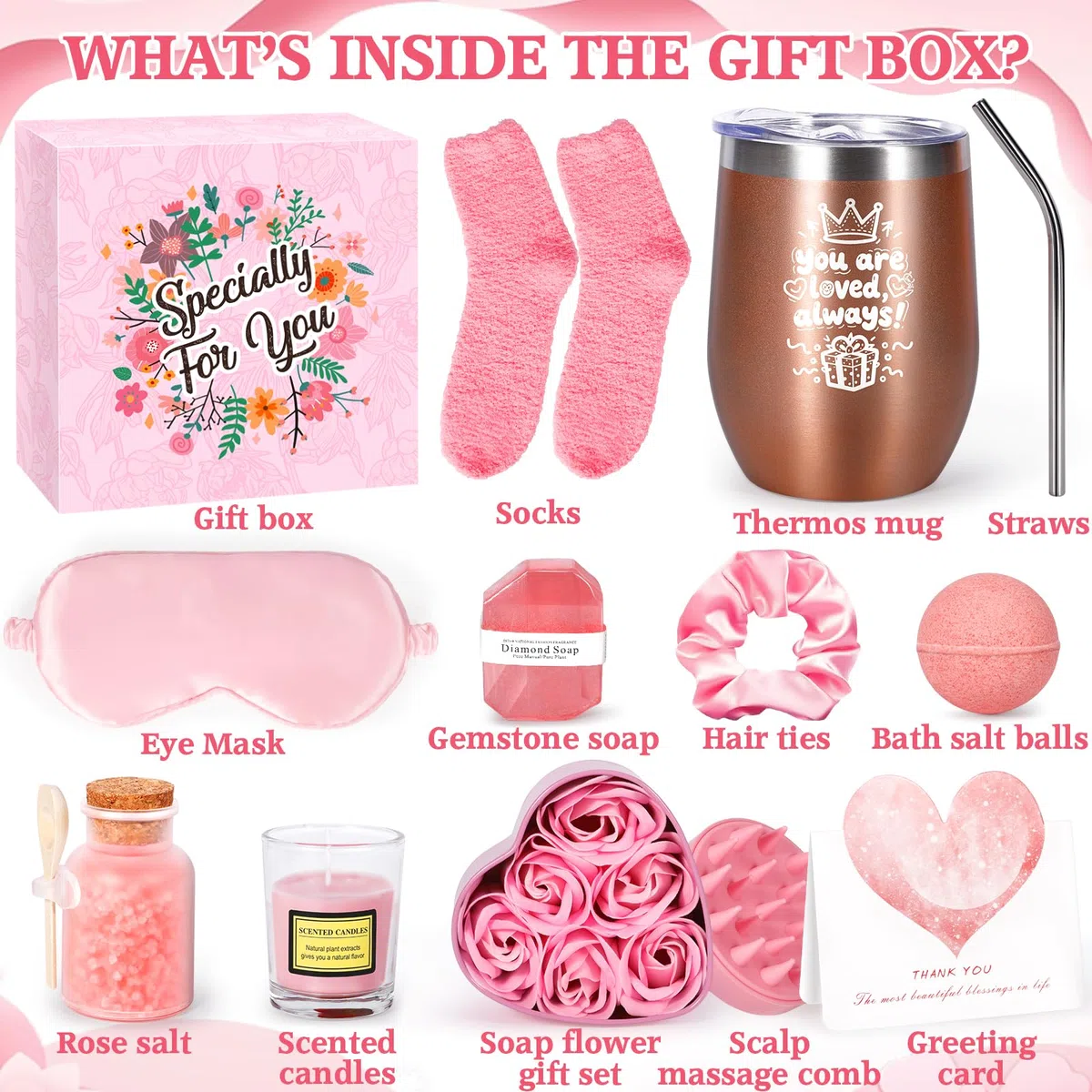 Purpledi Set Regalo Compleanno Donna, Box Regalo 11 Pezzi con Tazza Termica, Candela Profumata, Set Relax con Prodotti Bellezza e Cura Corpo, Regalo Personalizzato per Mamma, Fidanzata, Sorella