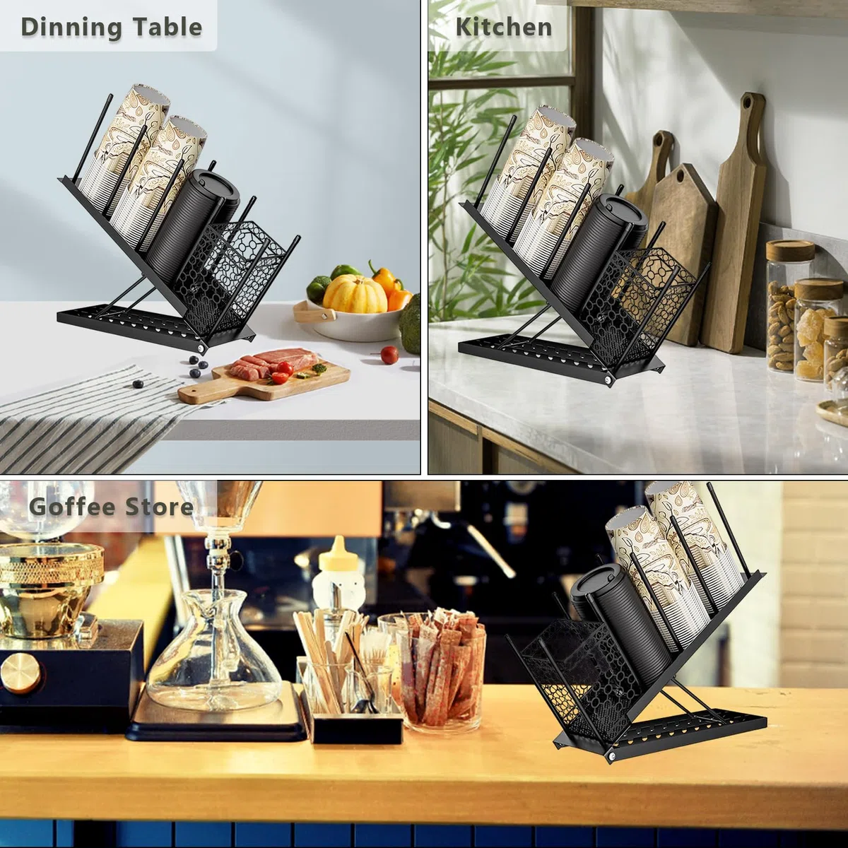 Longzhuo Portabicchieri e coperchio, organizer per portabicchieri da caffè regolabile, dispenser per bicchieri usa e getta a 4 scomparti con cestino portaoggetti in cannuccia per bancone da caffè