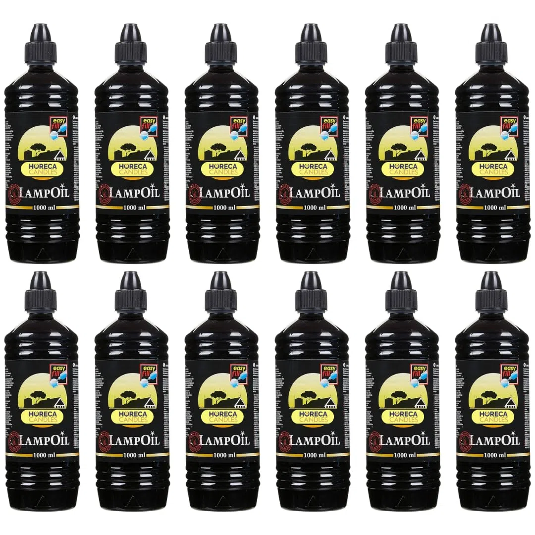 Horeca Candles Olio per Lampade – 12x1L Cera Liquida Senza Fumo e Senza Odore, 99% Paraffina Pura, Combustibile Sicuro per Lampade, Torce e Candele, Uso Religioso, Domestico e Professionale