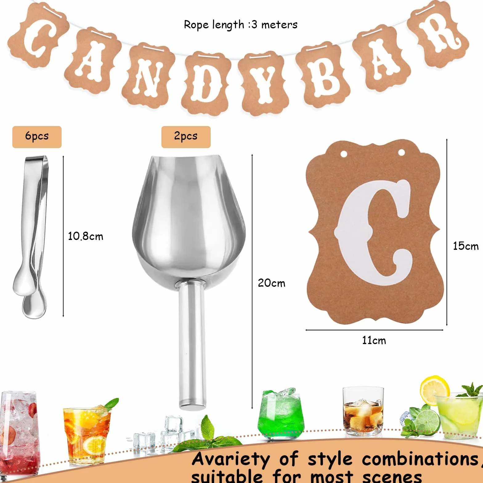 Candy Bar - Set di decorazioni per candy bar, include 6 pinze per zucchero, 2 pale e 1 ghirlanda decorativa per candy bar, pinza per cubetti di ghiaccio per feste di nozze