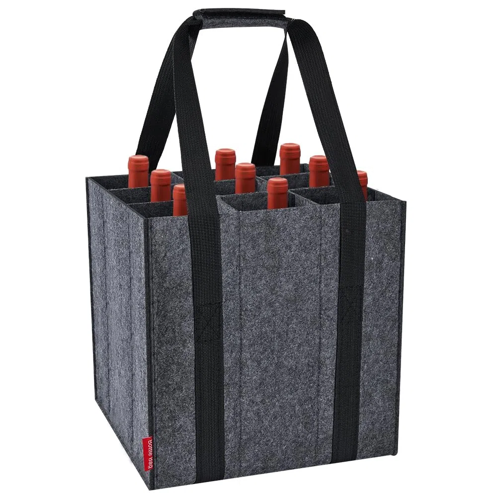 Eurhomewit Borsa per Bottiglie Vino Acqua in Feltro, 9 Scomparti Borse Porta Vino Portabottiglie, Borsa Trasporto per Vino Bottiglie in Vetro 1,5 litri, Riutilizzabile - Nero