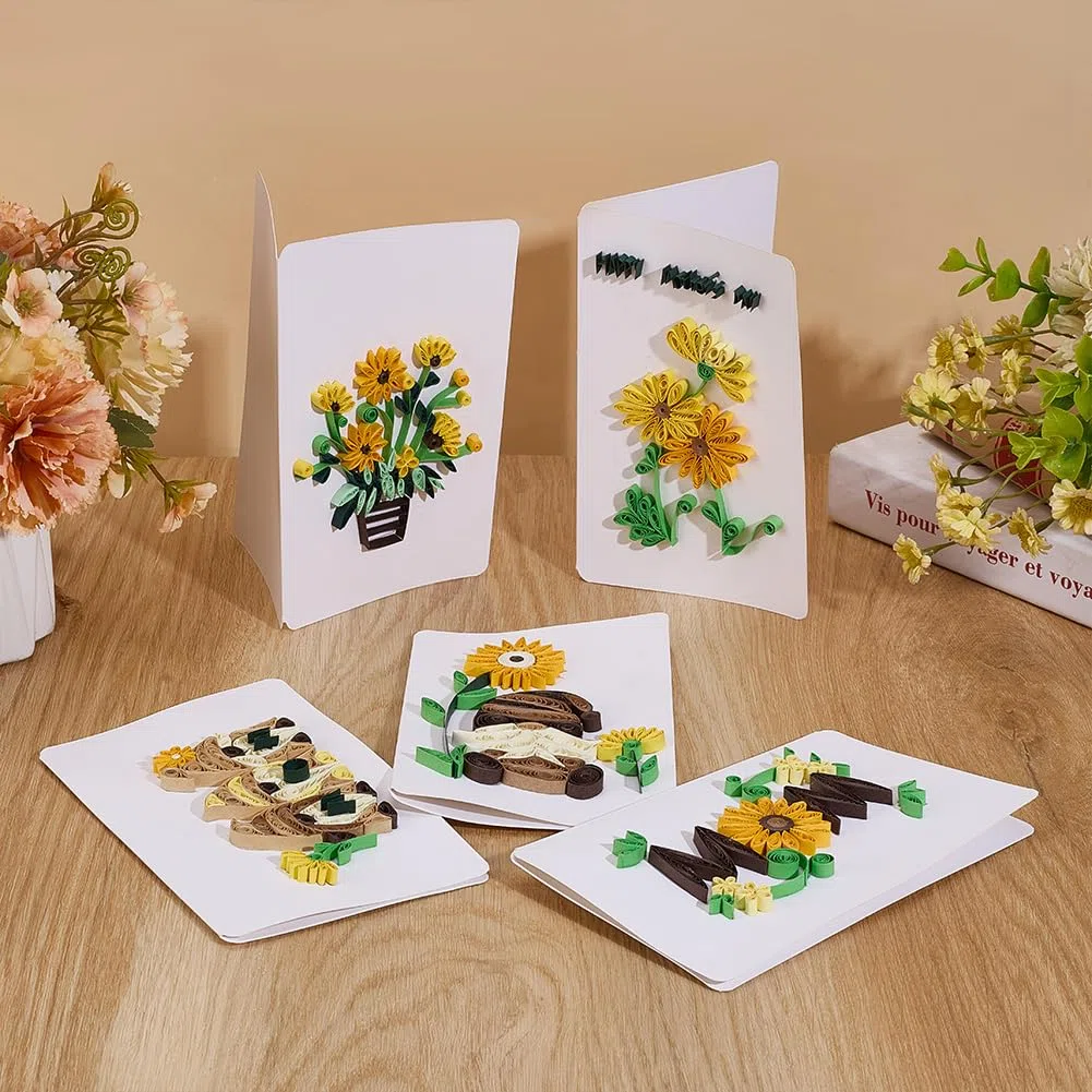 WEBEEDY 20 Kit di biglietti d'auguri, quilling, festa della mamma, kit di quilling in carta, per adulti principianti, 5 stili, mamma girasoli, gnomi, kit di creazione di carte quilling 3D con