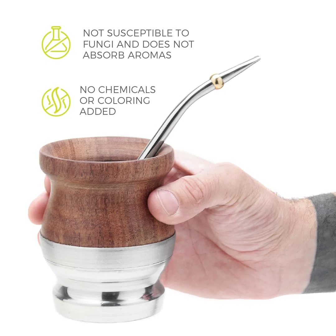 BALIBETOV Yerba Mate - Zucca di legno tradizionale carruba in legno con alluminio (tazza mate) – Set contiene Bombilla (sorbeto) per Mate (legno con base in alluminio)