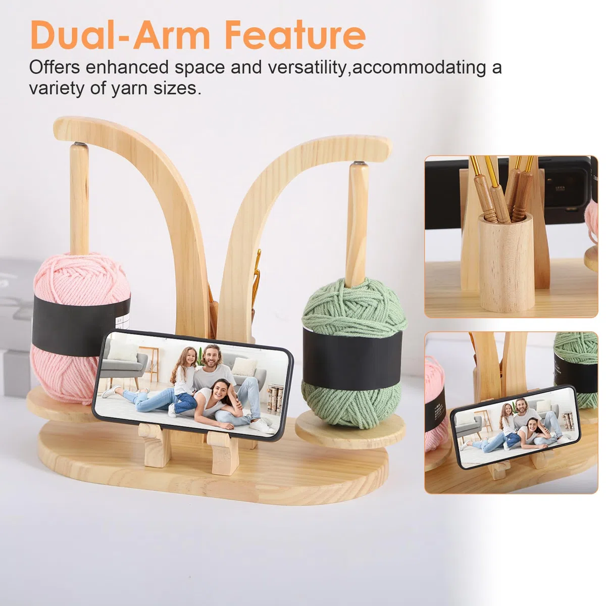 Svolgitore magnetico in legno con organizer per accessori a maglia, supporto per filo rotante per lana, con supporto per cellulare per amanti del uncinetto (legno naturale)