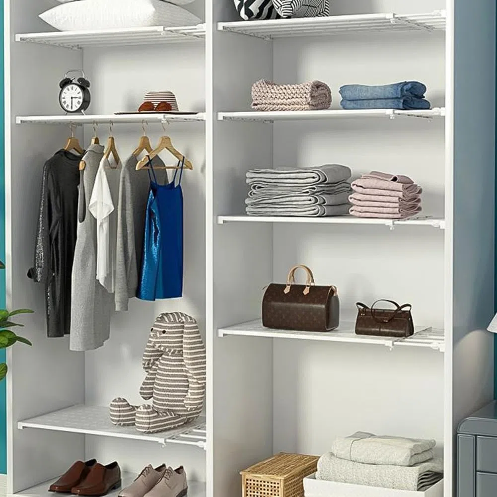 RANJIMA Mensole regolabili per armadio, mensole per armadi, 24 cm di larghezza, ripiano espandibile, armadietto, cucina, bagno, senza foratura, lunghezza regolabile 38-60 cm