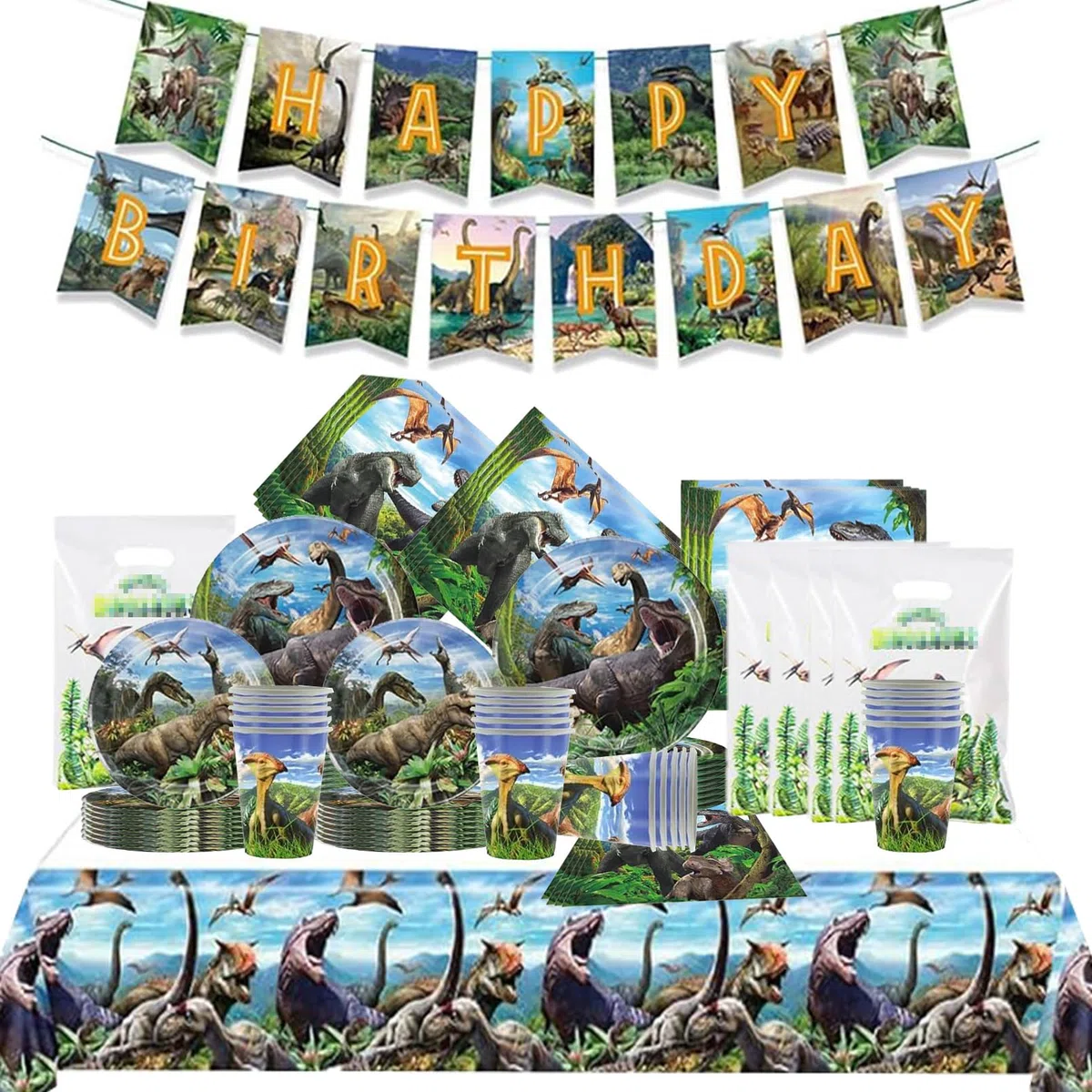 102 Pezzi Dinosauri Stoviglie per Feste di Compleanno，Dinosauri Addobbi Compleanno，Tovaglia，Piatti Carta，Sacchetto regalo，Striscione，Adatto a 20 persone