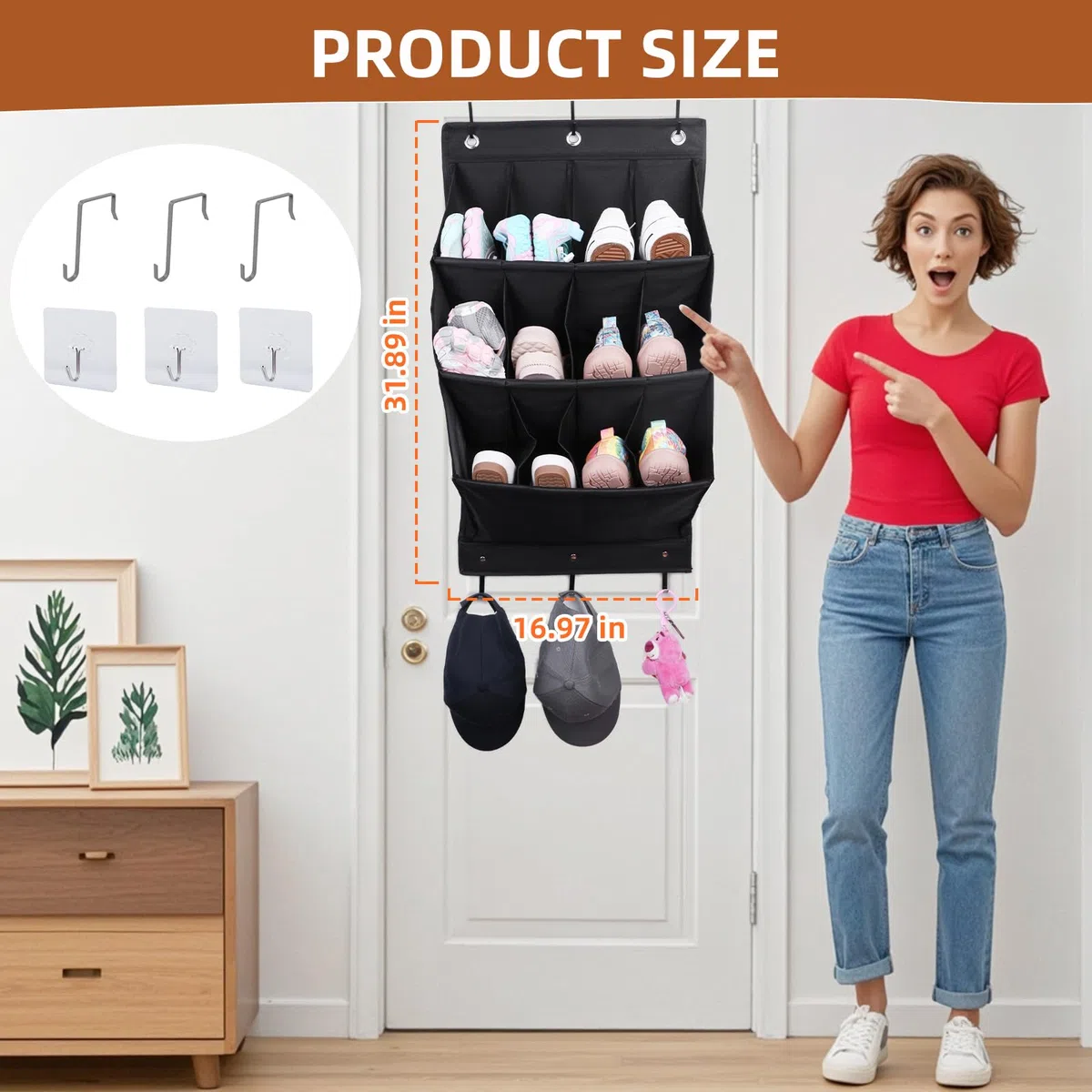 Organizer per scarpe da appendere, con gancio, porta scarpiera con 12 tasche profonde per armadio, organizer da appendere alla porta per campeggio, armadietto, dormitorio e camper, nero