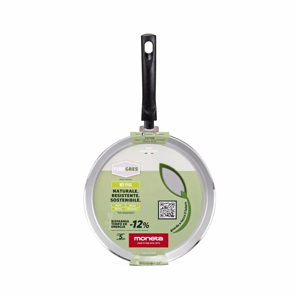 Moneta Futura Crepiere 25cm, rivestimento naturale FineGres (NO PFAS), anche per induzione. 100% Made in Italy