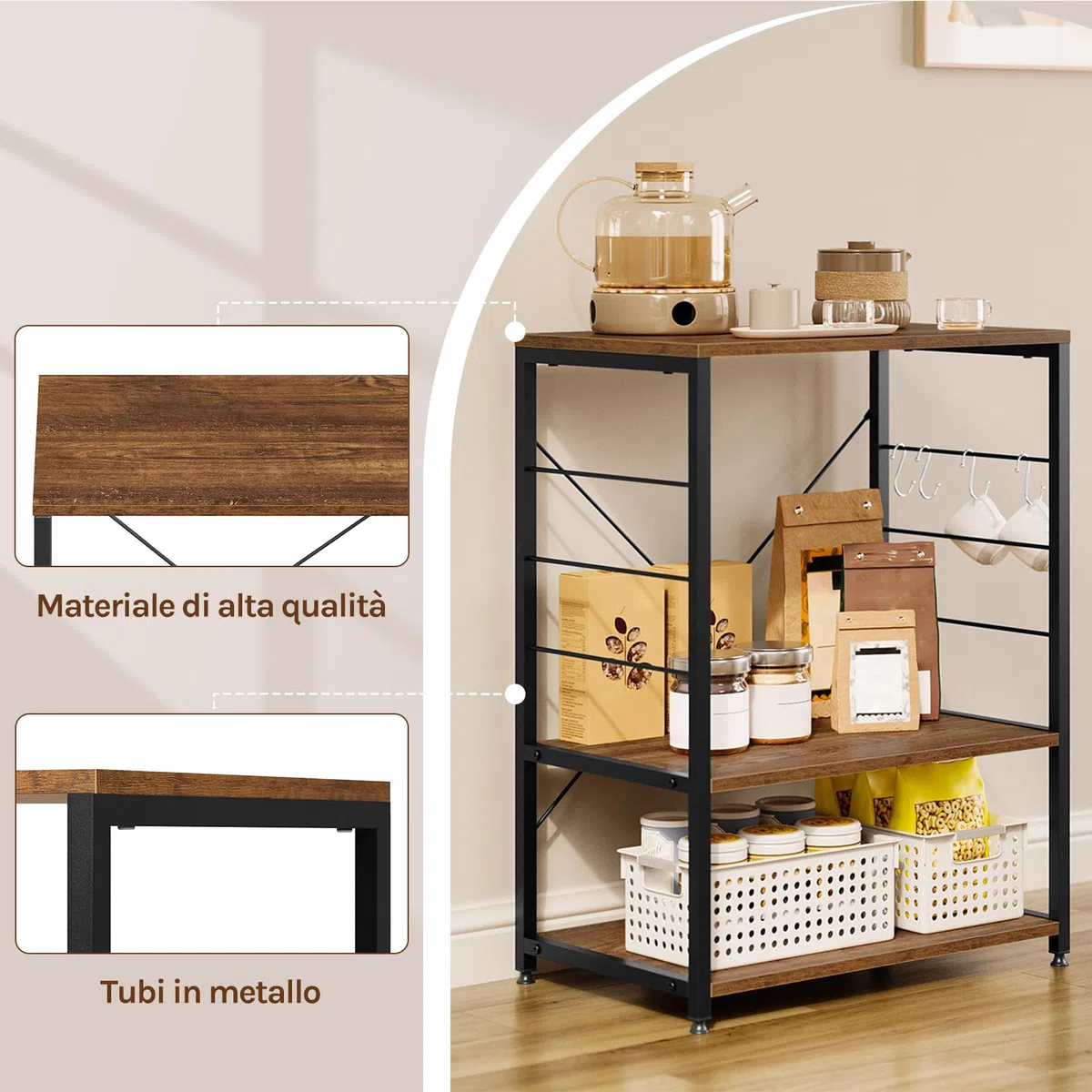 WOLTU Scaffale per Cucina Carrello per Microonde Forno a 3 Ripiani in Metallo e Legno Scaffalature Fioriera Multiuso, Effetto Legno Vintage