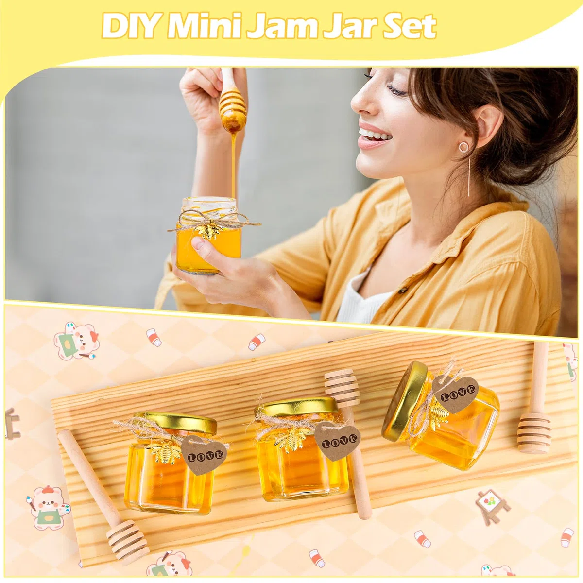 VFANDV Mini Vasetti per Miele Esagonali in Vetro, 25 Pezzi 45ml Piccoli Barattoli per Miele con Dippers di Legno, Ciondoli di Api, Biglietti di Ringraziamento