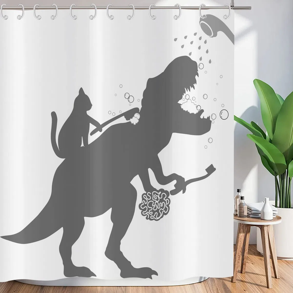 Tenda da doccia divertente 180 x 180 cm, semplicità divertente gatto dinosauro bianco lavabile tende da bagno in tessuto di poliestere impermeabile per vasca da bagno con 12 ganci