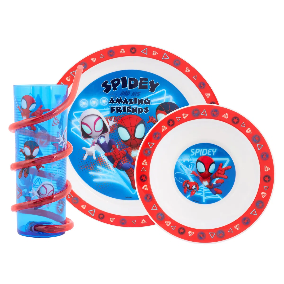 Marvel Spidey and Friends Glow - Set da tavola da 3 pezzi, include piatto, ciotola e bicchiere con cannuccia Twisty con Spidey, Trace-E, Ghost e Miles Morales