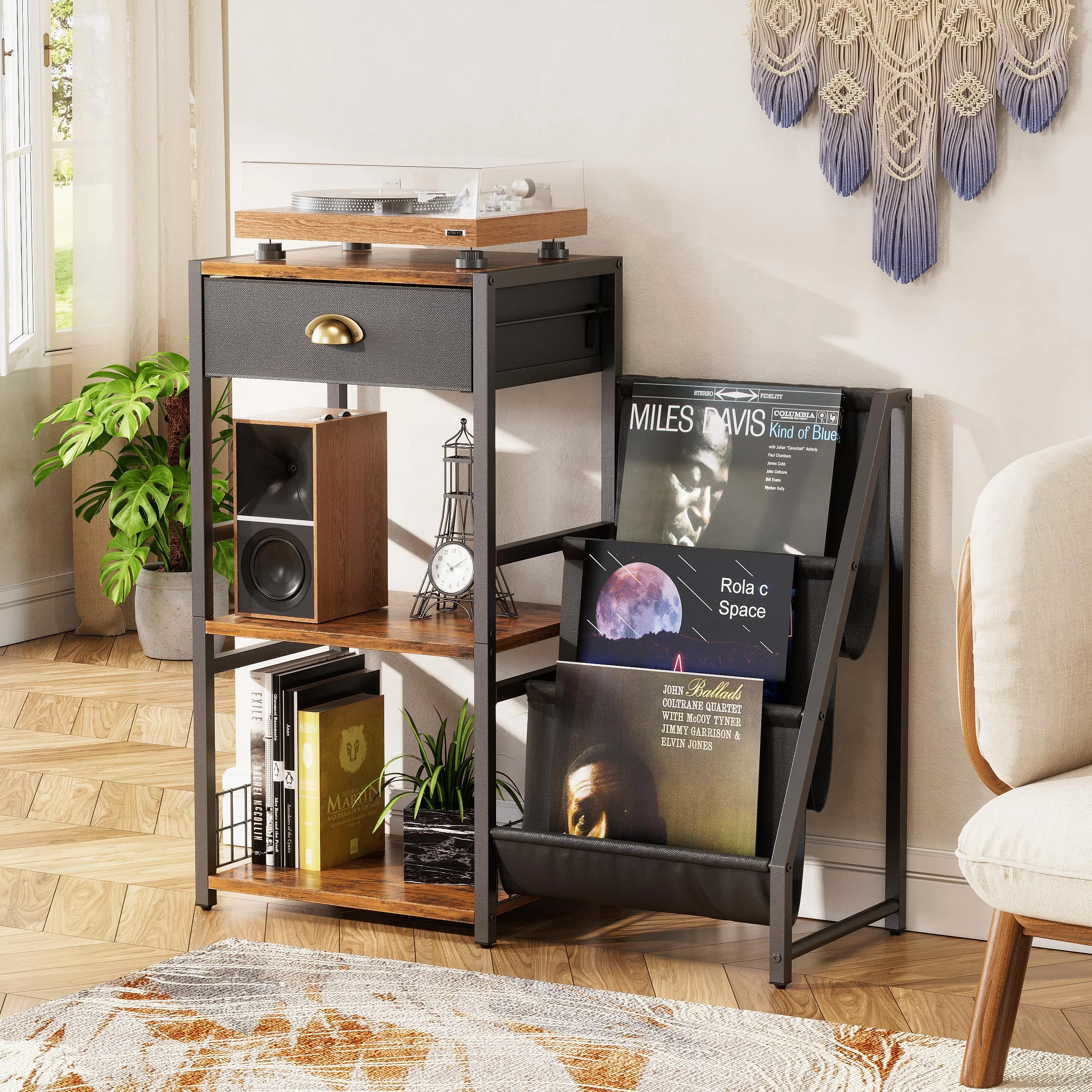 Supporto per giradischi a 3 ripiani, stile vintage, con cassetto, supporto per dischi in vinile, con 3 livelli, 86 x 30 x 75 cm