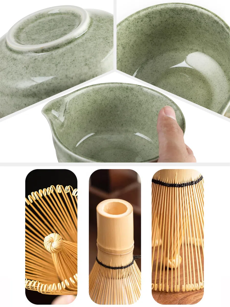Set Matcha – Matcha Set a 8 Pezzi per la Cerimonia del Tè: Ciotola con Beccuccio, Frusta Matcha in Bambù con Supporto, Chashaku, Supporto per Chashaku, Cucchiaio in legno, Chakin, Setaccio per Matcha