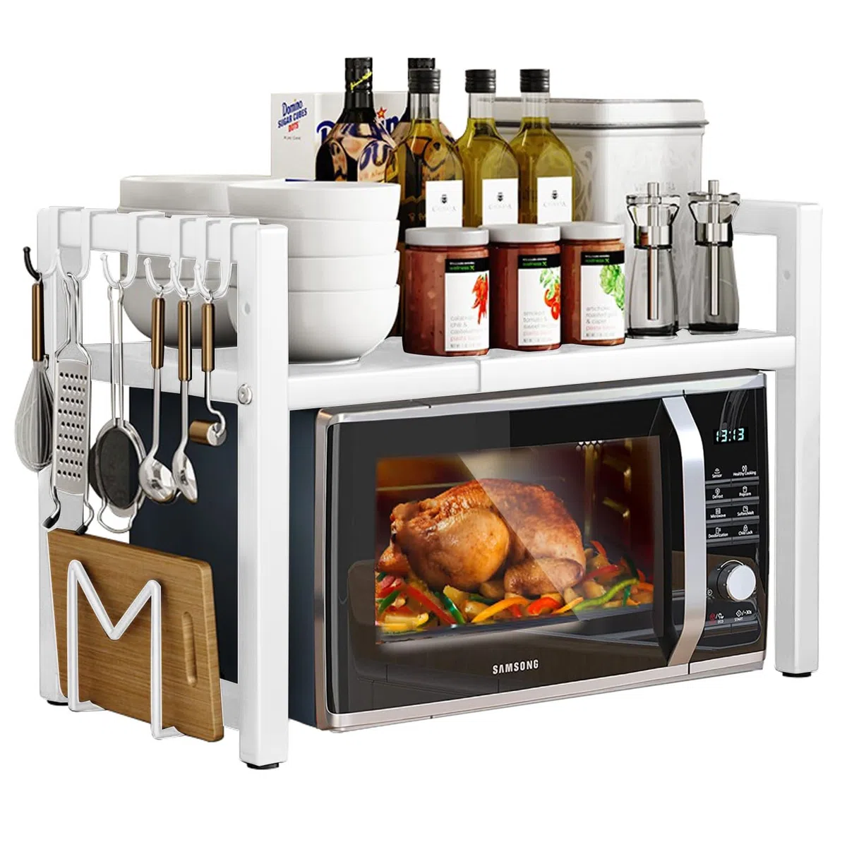 devesanter Scaffale per microonde espandibile a 2 livelli, organizer per microonde con 5 ganci, scaffale da cucina, porta spezie, piano di lavoro, scaffalature per panettieri per dimensioni da 40-64