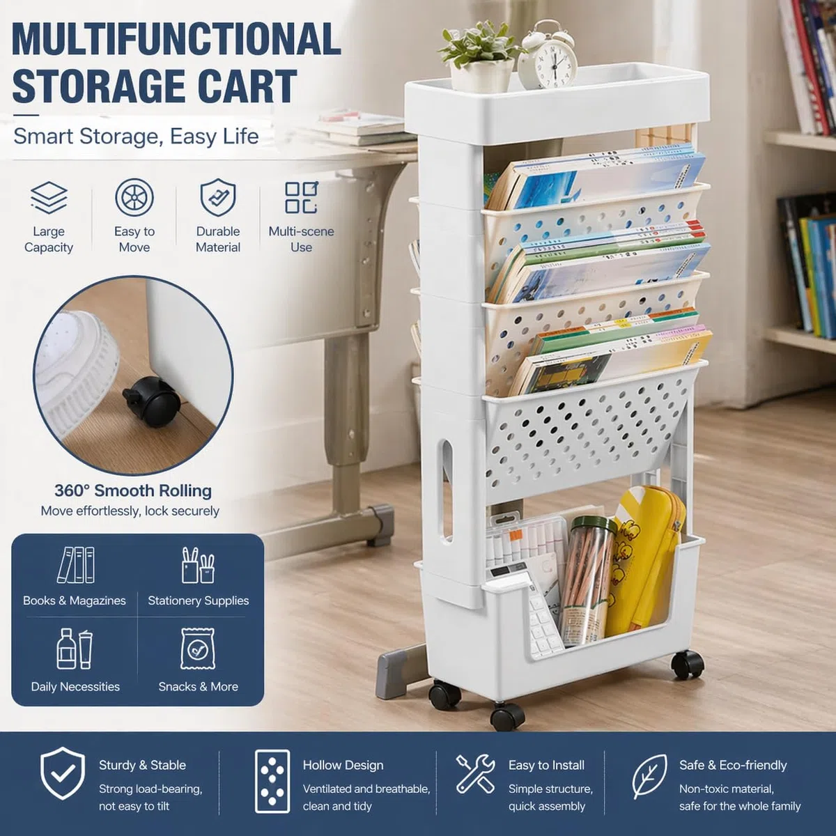 Scrivania, organizer da scrivania, per libri e riviste, multifunzione, per studio, ufficio, carrello sottile e scaffale mobile (bianco)