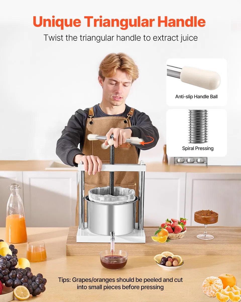 VEVOR Pressa Manuale per Vino di Frutta Cesto in Acciaio Inox 5L con Manico, Spremiagrumi Manuale per Bevande Alcoliche Pressa per Sidro, Mela, UVA, Tintura, Miele, Olio d'Oliva Cucina, Casa