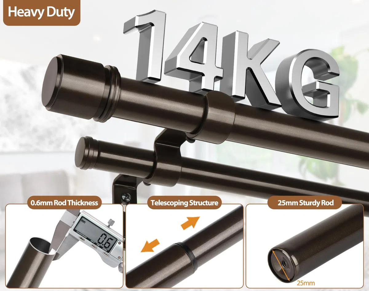 HOTOZON Bronze Bastone da Tenda Doppio 167-305 cm, 25 mm Estensibile Bastone Tenda Doppio Montado en la Pared con Remates de Tapa Para Ventanas