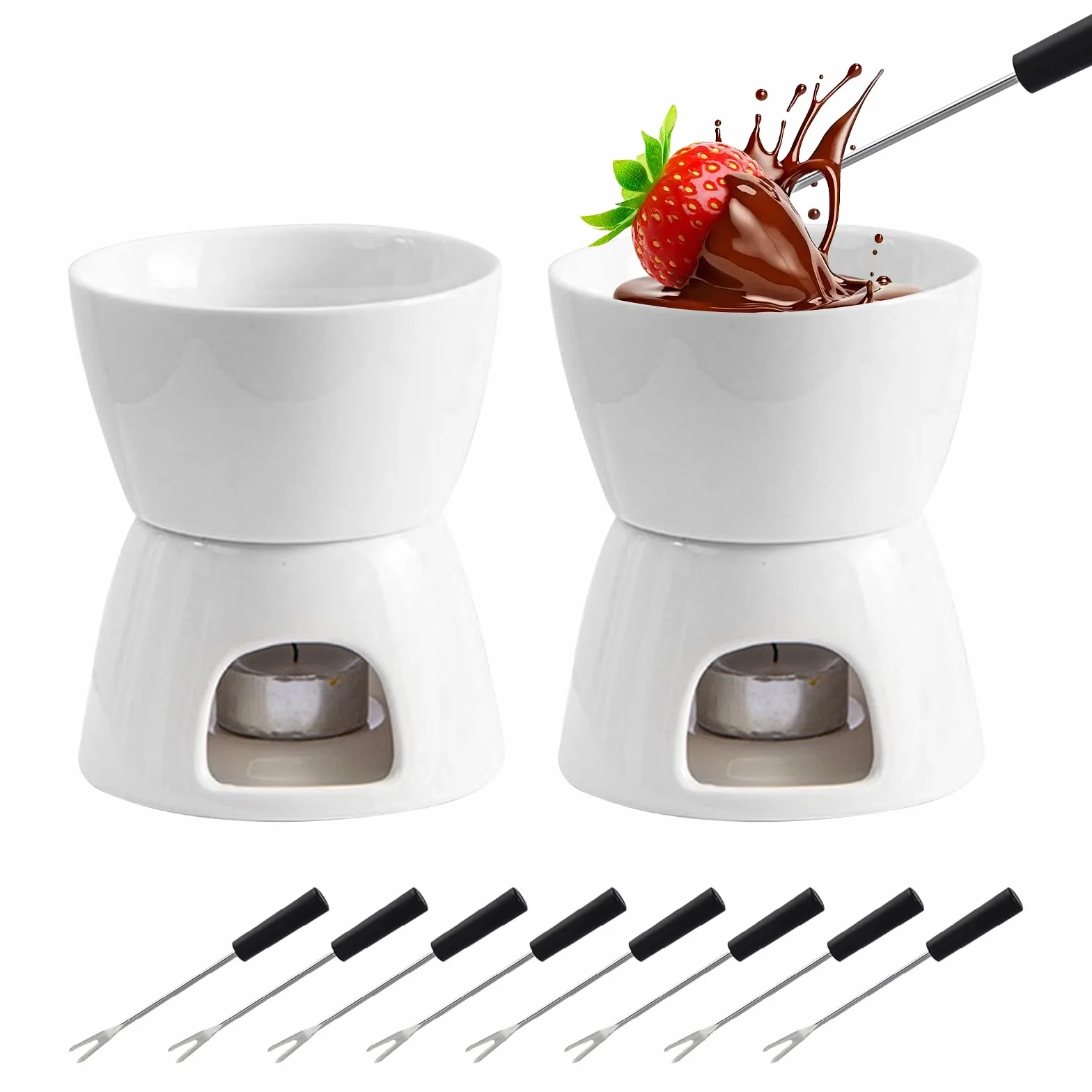 Set di 2 Fonduta Cioccolato in Ceramica, Fonduta di Cioccolato Ciotola in Ceramica con 8 Forchette, Kitchen Fonduta Cioccolato Ceramica Set Fonduta Formaggio Cena di Famiglia (Candele non Incluse)