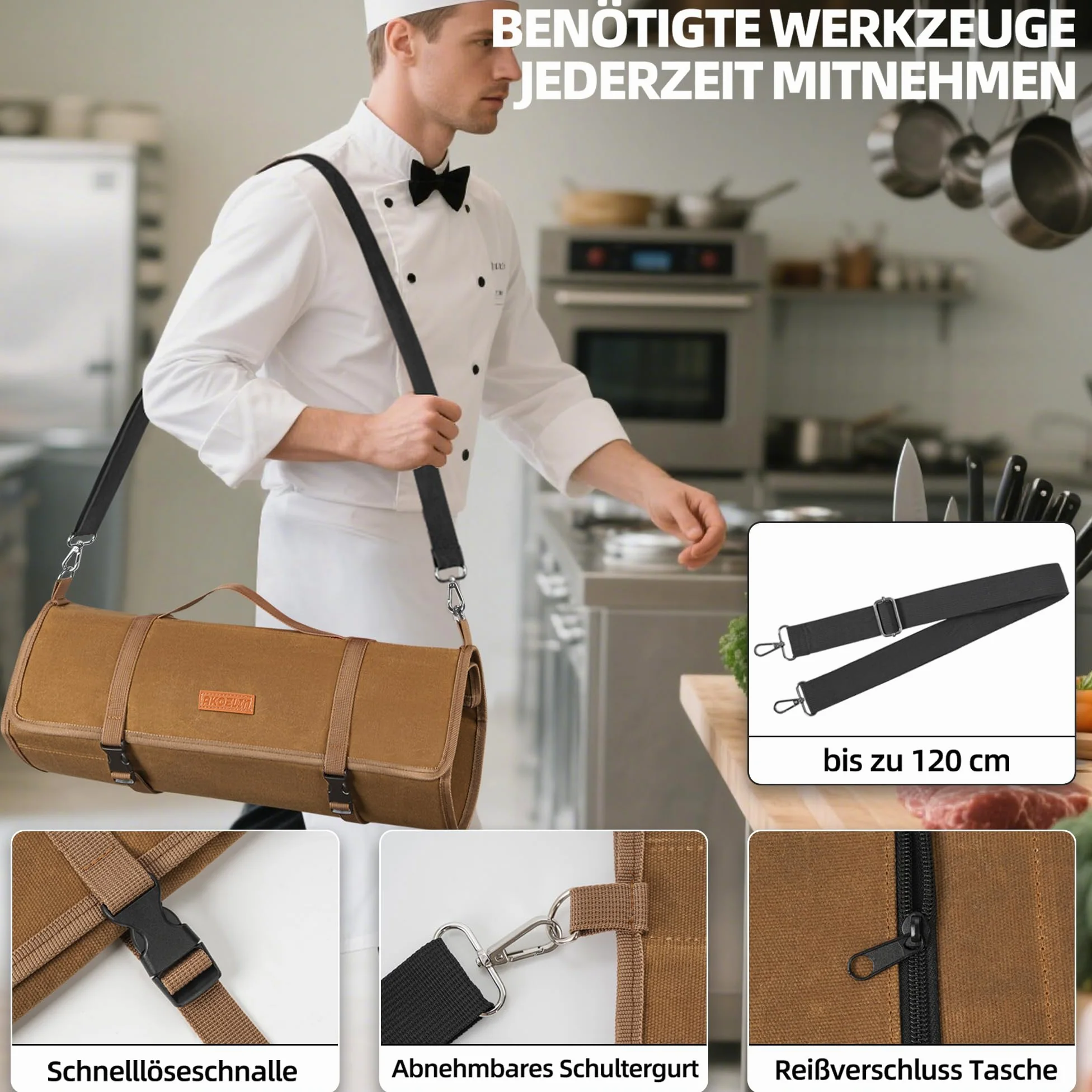 Akozlin Borsa portacoltelli da chef migliorata con 10 scomparti e 1 grande tasca con cerniera in tela cerata, portatile con cinghia regolabile e 30 protezioni per le punte dei coltelli, nero, marrone