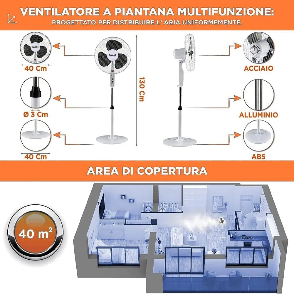 BAKAJI Ventilatore a Piantana con Telecomando, Potenza 50W 3 Velocità, Pale da 40 cm, Altezza ed Inclinazione Regolabile Fino a 130 cm, Funzione Timer, Base Rotonda, Oscillazione Orizzontale (Bianco)