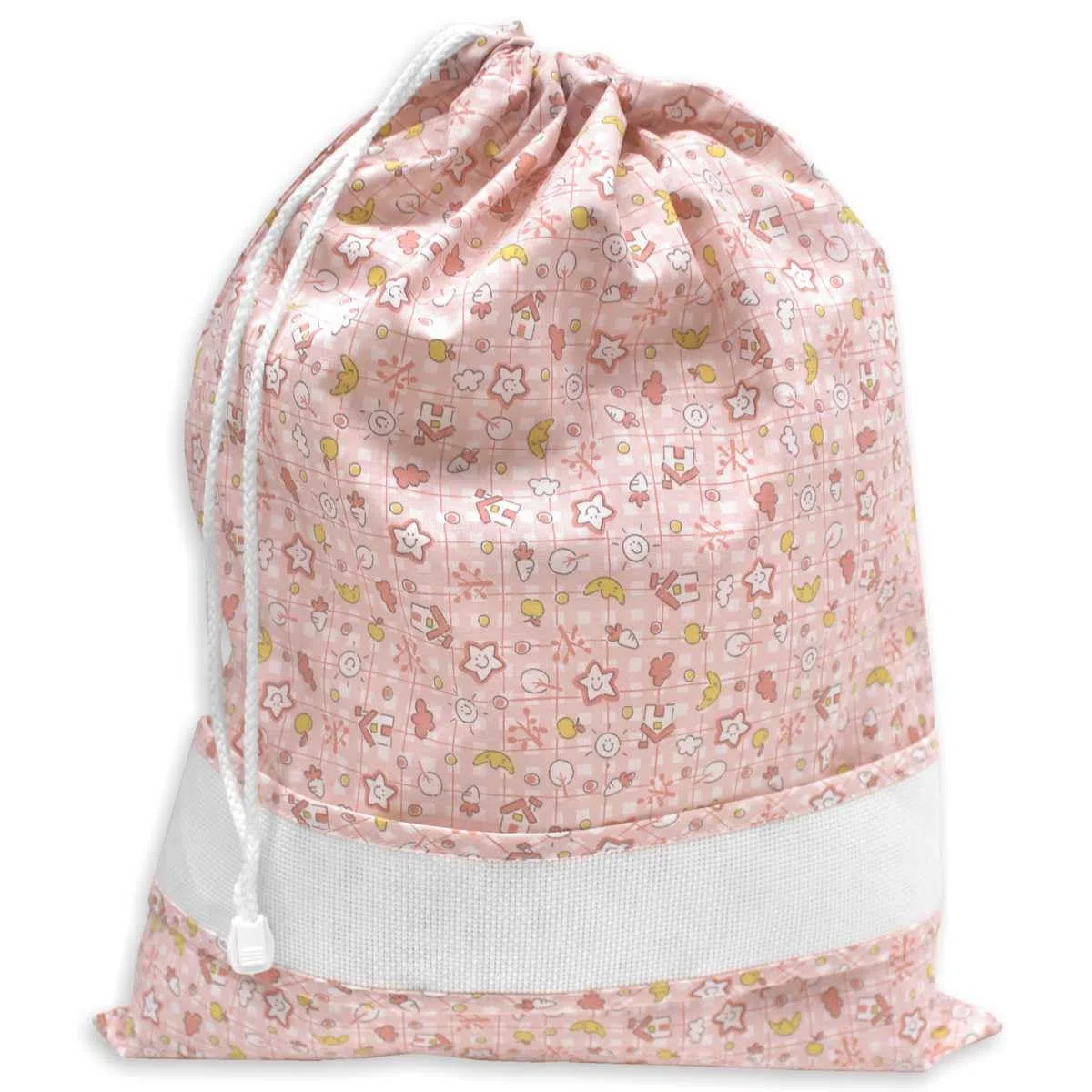 Set asilo da ricamare a punto croce, tre pezzi, sacchetto salvietta e bavaglia, spugna bianca, tela aida, punto croce, set asilo da personalizzare con ricamo a punto croce (81 Casette rosa)