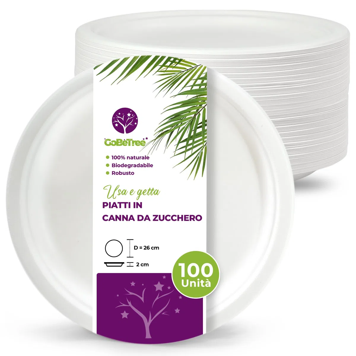 GoBeTree 100 Piatti Monouso Rotondi in Canna da Zucchero da 26 cm Bianchi. Piatti di Carta Usa e Getta Extra Resistenti, per Campeggio, Picnic, Feste, Barbecue, Compleanni.