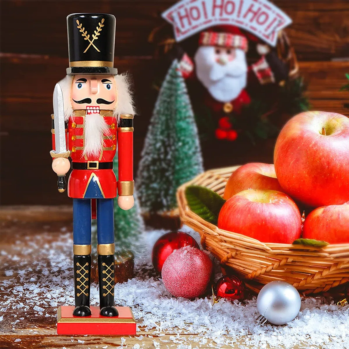KAHEIGN 2 Pezzi Soldati Schiaccianoci di Legno, 2 Stile 30CM Figure Tradizionali dello Schiaccianoci di Natale Soldato Dipinto in Legno di Pino Premium per Casa Camino Decorazione (Tamburo & Spada)