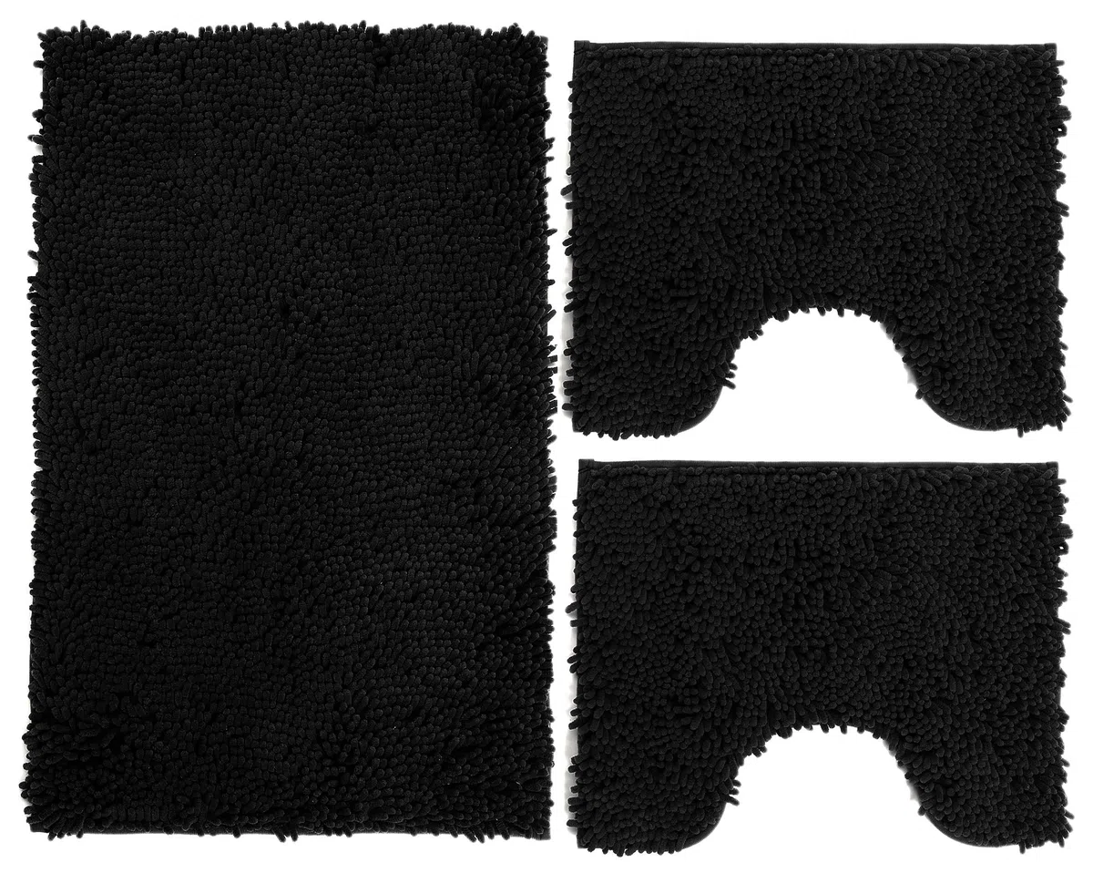 Poligono Set Tappeti Bagno 3 Pezzi in Microfibra, Tappeto Pelo Lungo 50x80 cm, 2 Tappetini Per WC e Water Forma Rettangolare 40X50 cm, Morbido, Antiscivolo, Nero