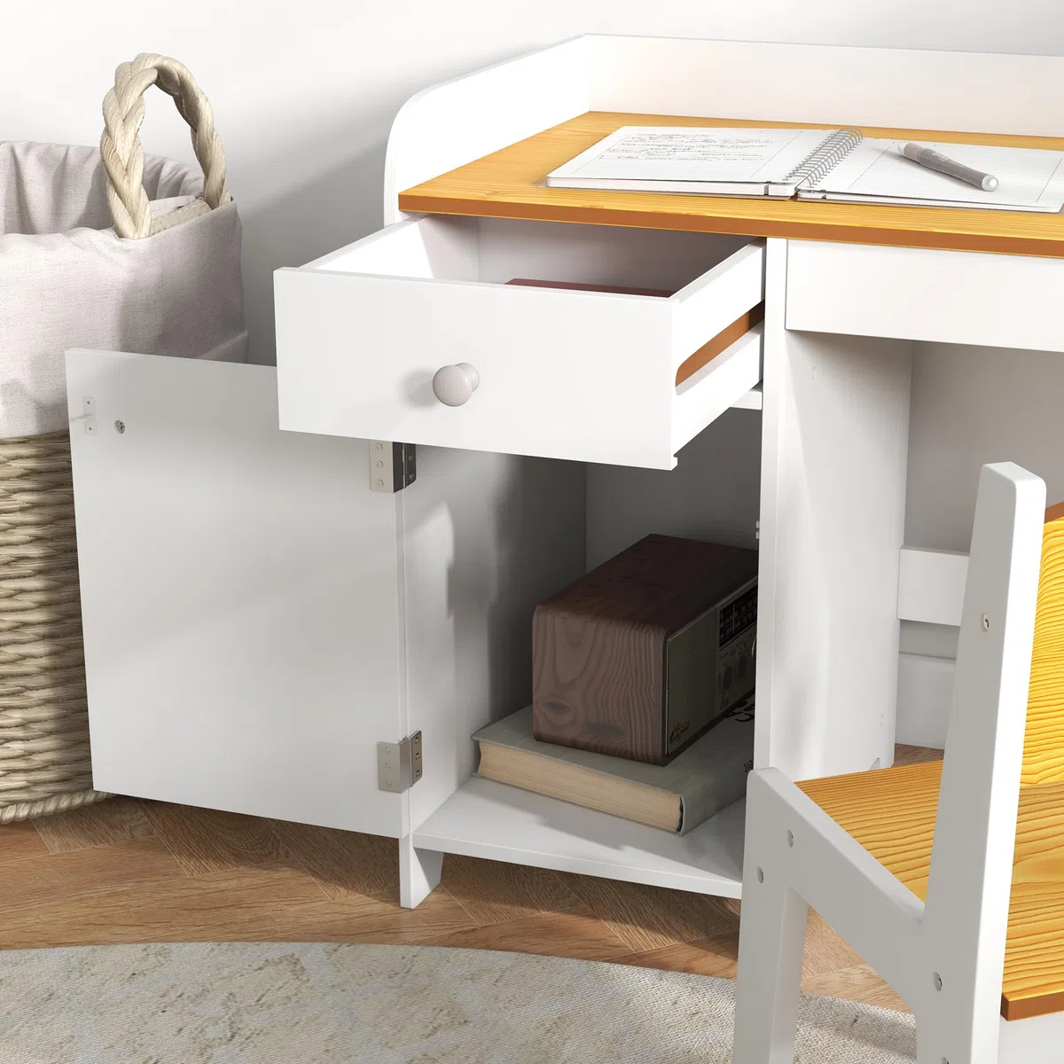 ZONEKIZ Tavolo Scrivania per Bambini con Sedia, Banco Scuola per Bambini da 3 a 6 Anni in Legno con Cassetto e Seggiola Abbinata, Bianco