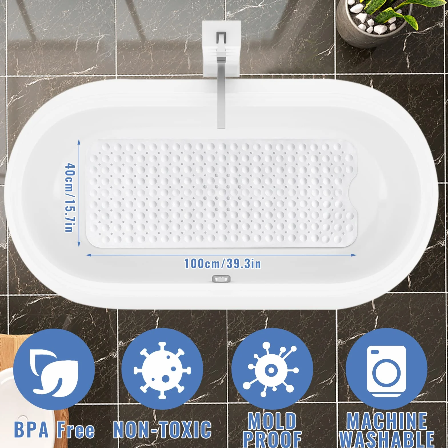 Tappetino Antiscivolo per Vasca da Bagno e Doccia,100 x 40cm Extra Lungo con Ventose Bath Mat Universale per Bagno, in PVC,Antibatterico,Resistente alla Muffa (Bianco)