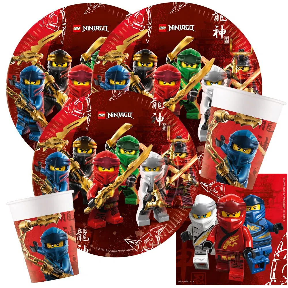 Set da 44 pezzi per feste - Ninja - Ninjago, piatti, bicchieri, tovaglioli + cannucce di carta per 8 bambini