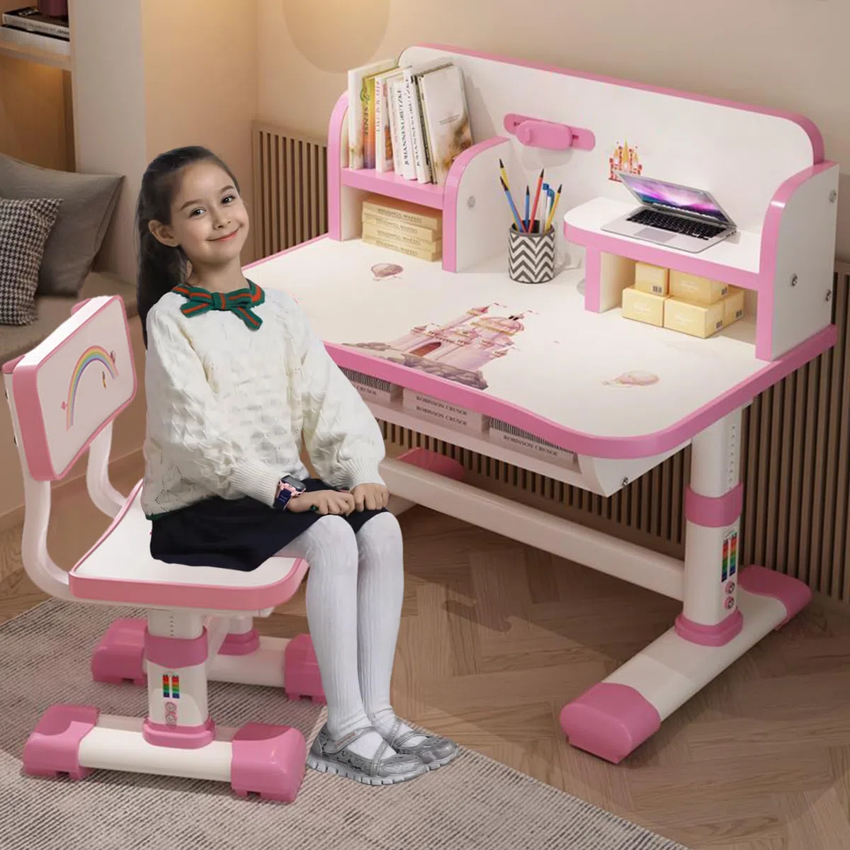 Set di sedie da scrivania per bambini, altezza regolabile, tavolo da studio per bambini, scrivania allargata con scomparto portaoggetti per casa e scuola (bianco e rosa)