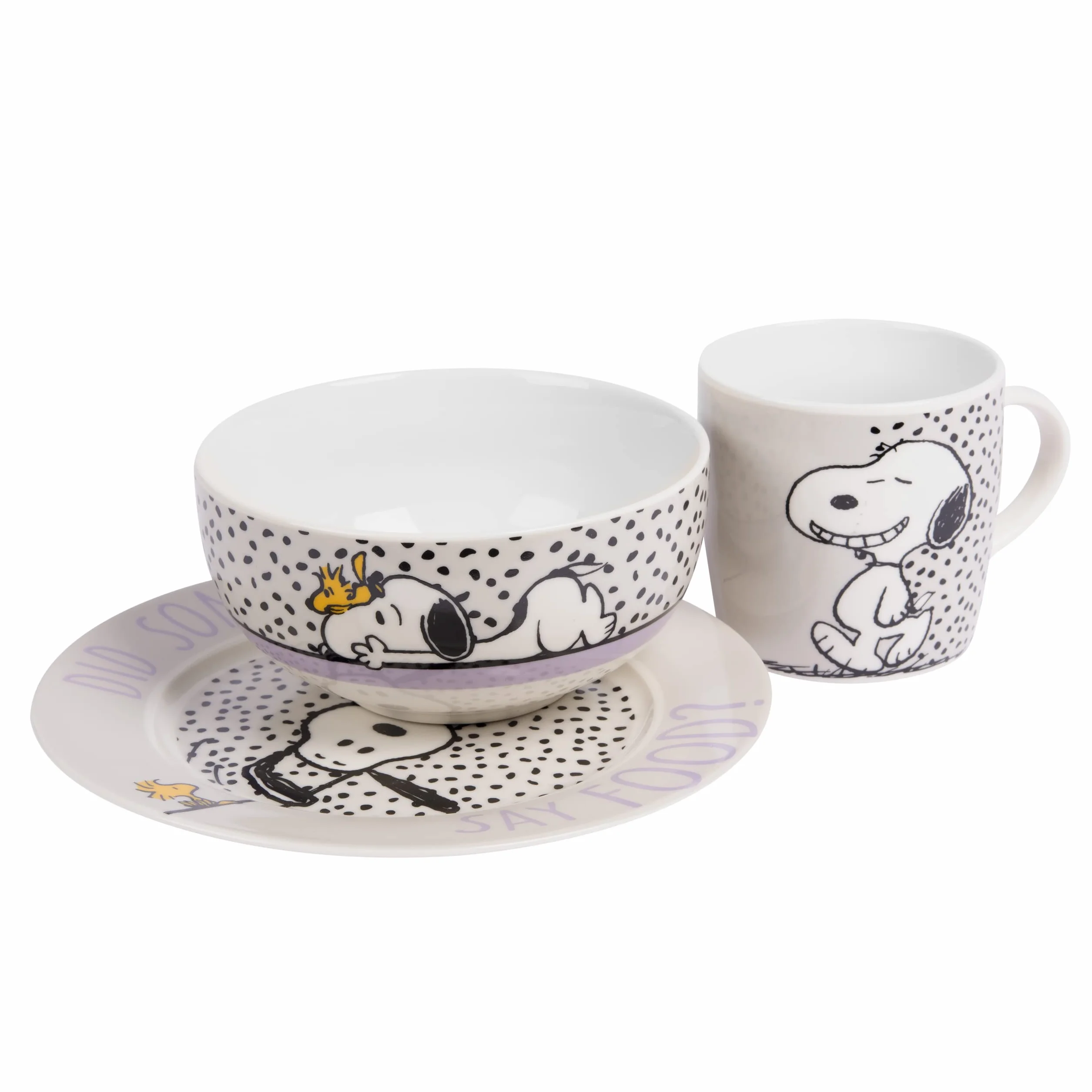 Set da colazione dei Peanuts Snoopy - Qualcuno ha detto cibo! Set di stoviglie 3 pezzi, piatto, ciotola e tazza in porcellana Bianco