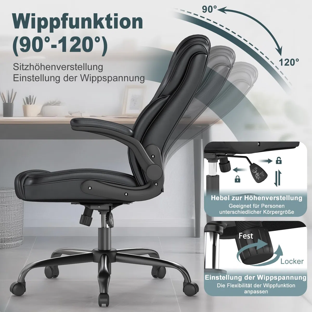 AnyGod Sedia Ergonomica da Ufficio, Poltrona Direttore Regolabile in Altezza in Pelle Sintetica, Sedia da Scrivania con Braccioli Ribaltabili,Portata 136 kg, per Lavoro da Casa e Gaming, Nera