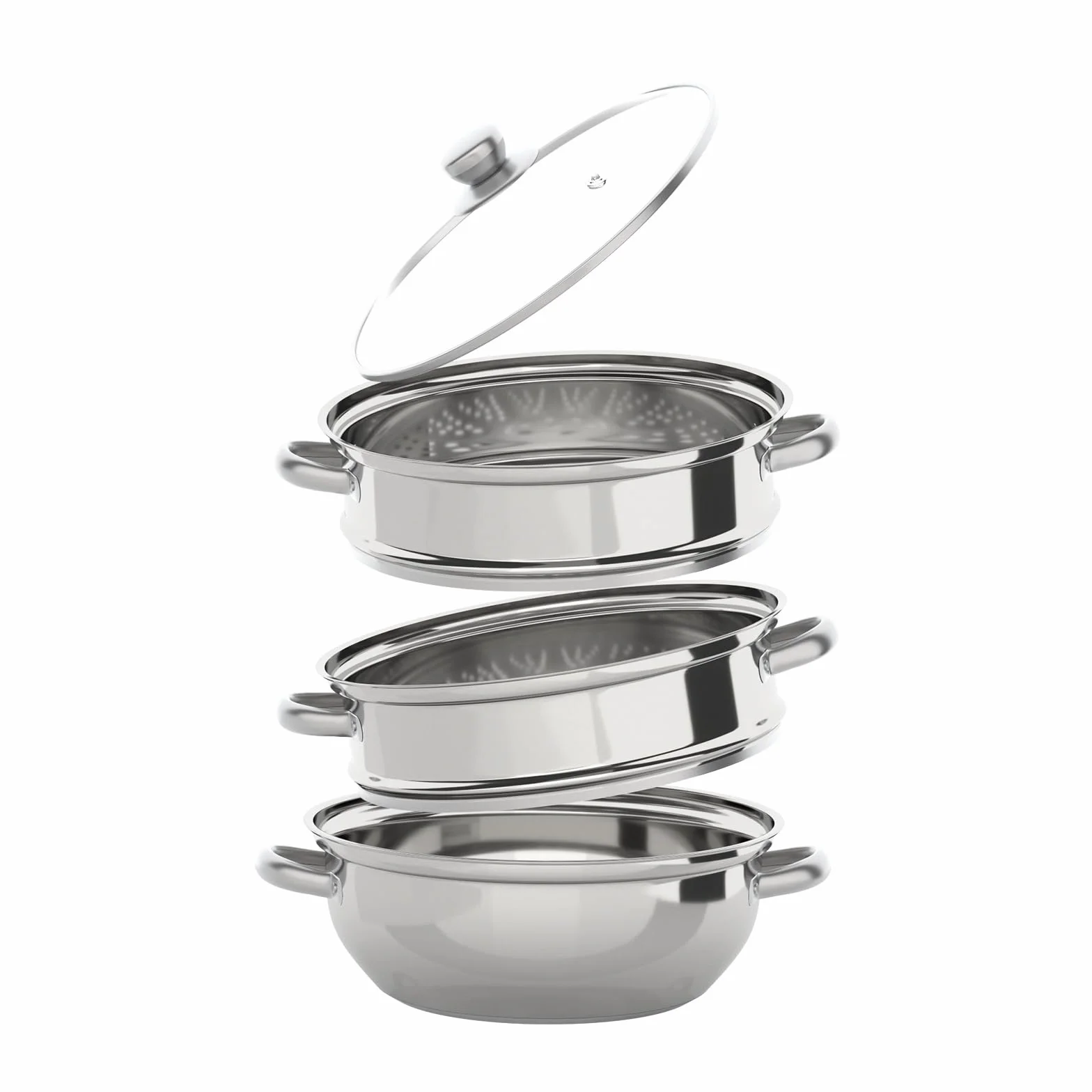 Pentola a vapore in acciaio inox, 28 cm, con coperchio in vetro, 3 ripiani, pentola per zuppe, per friggere verdure e verdure