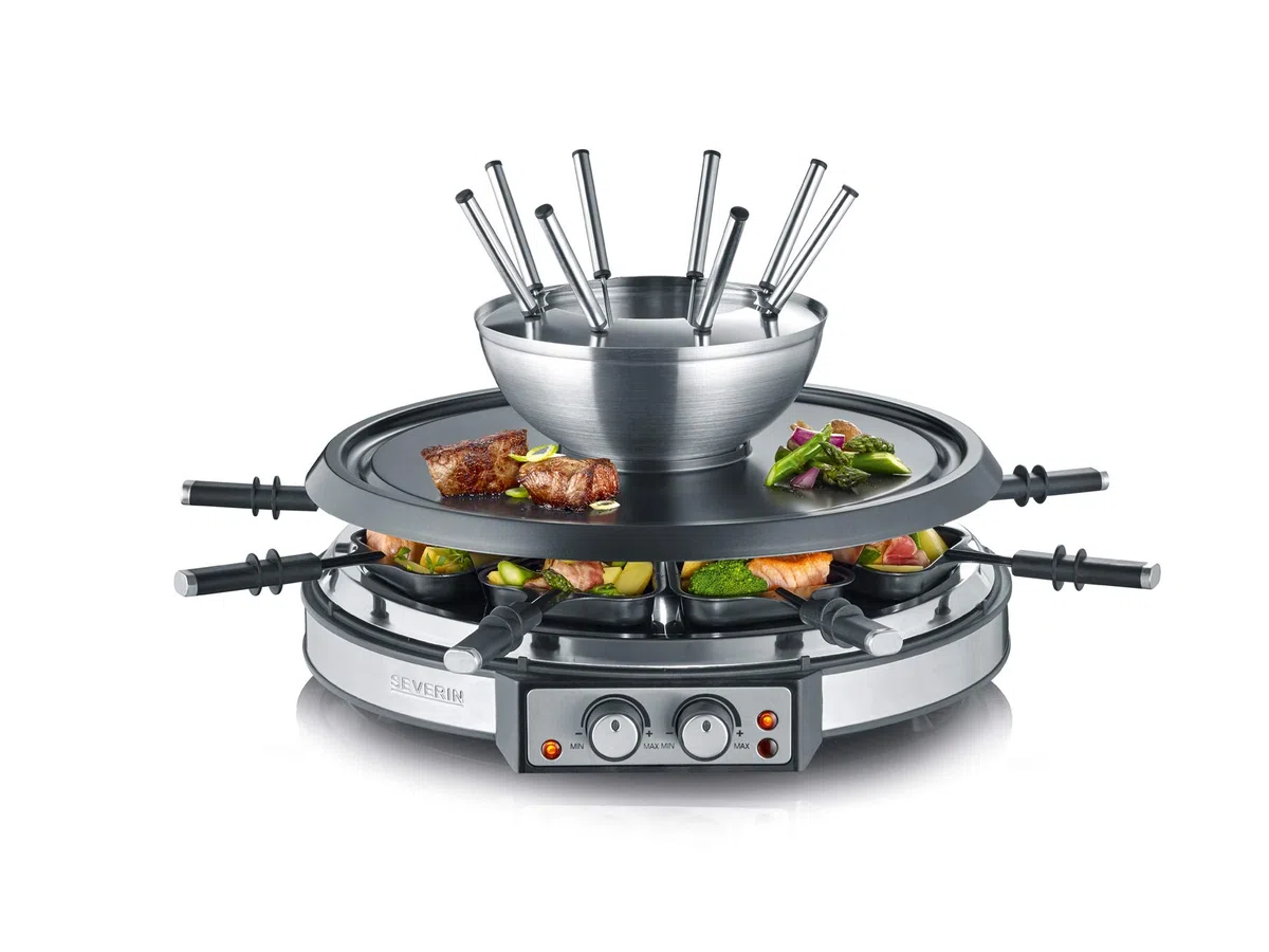 SEVERIN Grill/Raclette/Fonduta 8 Padellini, 2 Elementi Riscaldanti Regolabili Separatamente, Combinazione 2-In-1 Con 8 Padellini, Raschietti E Forchette Per Fonduta, Potenza 1.900W, RG 2348