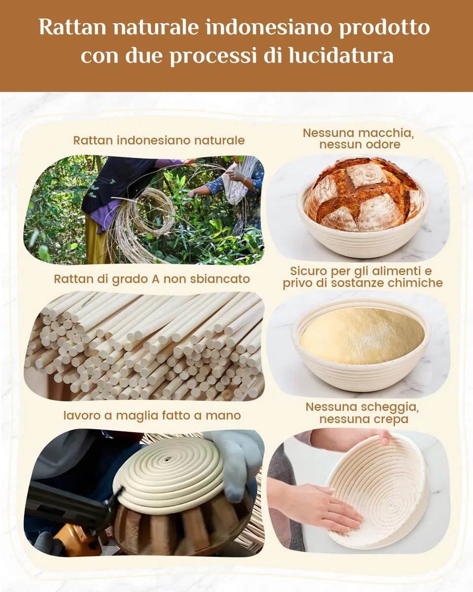 Cestino da Lievitazione per Pane, PITCH PULSE Cesto Lievitazione Pan in Rattan Naturale, Banneton per pane, Ciotola lievitazione con Tela di Lino, Raschietto Pasta e Lame Taglierina Pane
