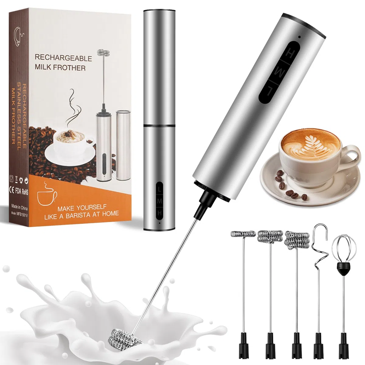 Montalatte Elettrico Cappuccino Portatile USB-C Ricaricabile in Acciaio Inox con 3 Velocità e 5 Fruste, Frullino per Latte, Caffè, Matcha, Panna, Uova