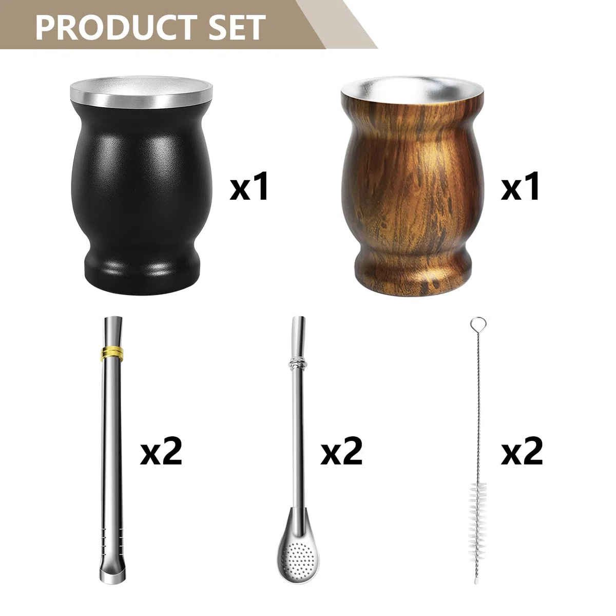 Artcome Set di 8 tazze in acciaio inox per Yerba Mate, 2 tazze da 240 ml in acciaio inox a doppia parete (nero e legno), 4 bombillas (cannuccia Yerba Mate), 2 spazzole, facili da pulire, solide e