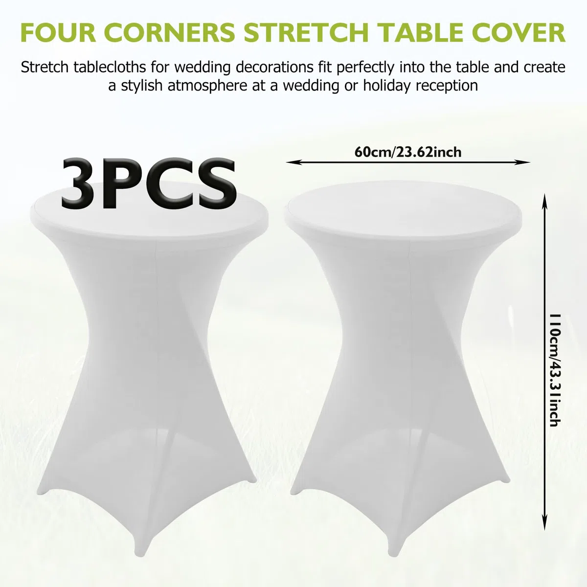 3 pezzi bianchi per tavolo da bar 60 x 110 cm, tovaglia elasticizzata per decorazione di nozze, per banconi da bar, tovaglia elasticizzata con tasche, per matrimoni e bistrò