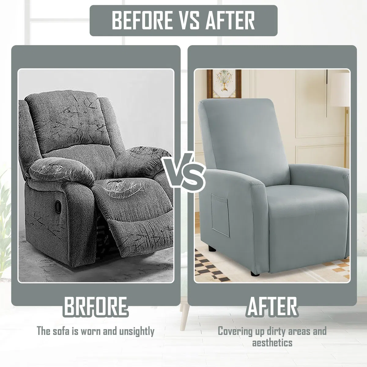 MeYuxg Copri Poltrona Relax Reclinabile a 1 Posto, Elasticizzato Copripoltrona Relax Reclinabile con Tasche, Impermeabile Copri Poltrona Totale, per Poltronas Relaxs e TV(Grigio Chiaro, 4 Pezzi)