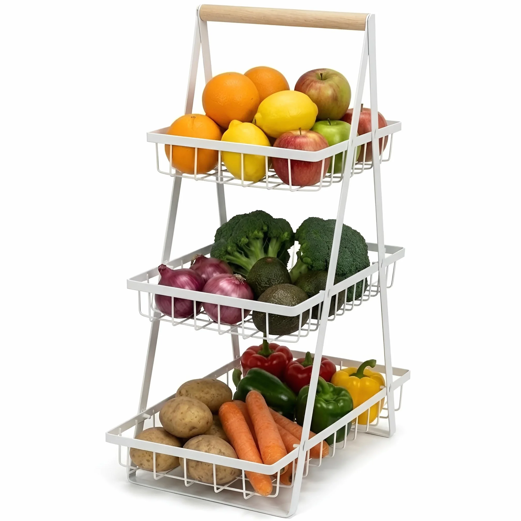 Portafrutta a 3 Ripiani – Contenitore per Frutta e Verdura per Piano di Lavorazione Cucina, Cestino per Frutta e Verdura a 3 Livelli, Contenitore Multipiano per Verdura, Cucina in Metallo