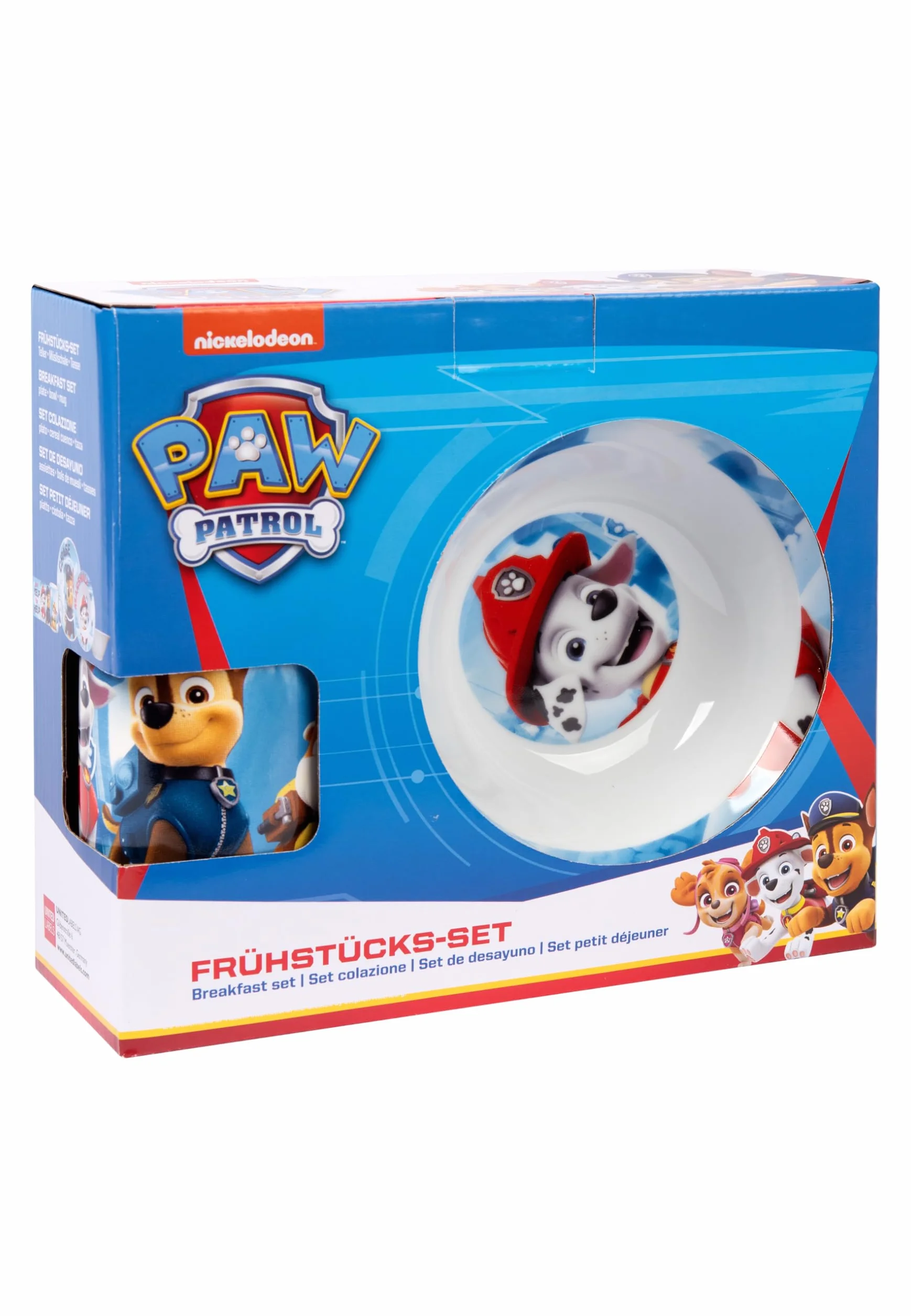 Paw Patrol - Set colazione per bambini, 3 pezzi, piatto in porcellana, ciotola e tazza
