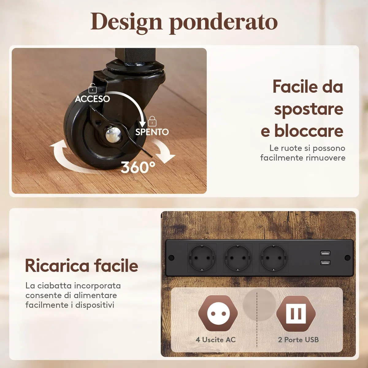 Lifewit Supporto audio a 4 livelli con prese elettriche e luci a LED, in legno e acciaio, per giradischi e impianti stereo e impianto compatto, marrone